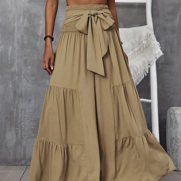 Khaki Boho Shirred Waist Tie Front Ruffle Hem Wide Leg Pants travel summer - Picture 2 of 5
